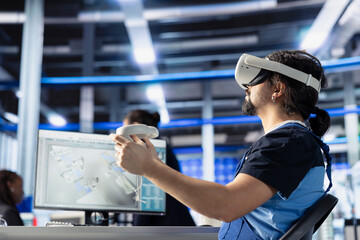 Solar panels plant worker analyzing performance data and optimizing efficiency using VR headset. Photovoltaics factory engineer working on innovative solar cells design prototype using virtual reality