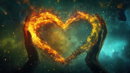 Two hands holding a bright heart shape in the dark