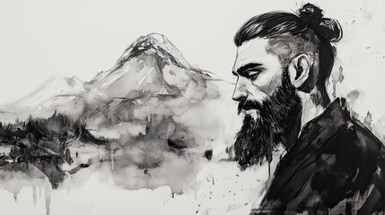Fototapeta premium Contemplative Ink Painting of a Bearded Man