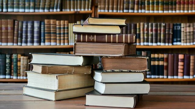 A stack of books on a table set against a library background with bookshelves signifies, Ai Generated