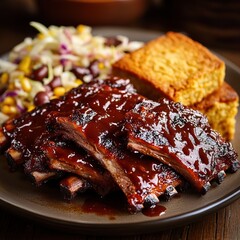 Delicious BBQ ribs with coleslaw and cornbread