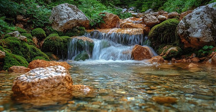 In a pine tree forest, a rapid mountain stream flows, showcasing a picturesque scene. This serene setting invites a relaxing and enjoyable walk in the coniferous woodland