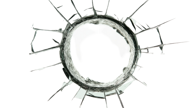 Bullet hole with shattered glass, isolated on a transparent PNG background. High-resolution image capturing intricate cracks and impact details, perfect for crime, action, and destruction theme design
