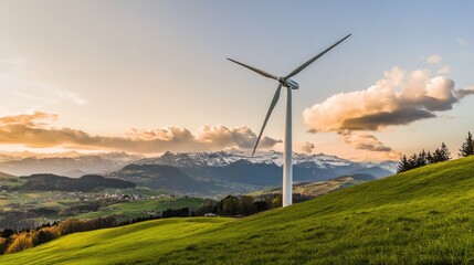 Obraz premium Wind Turbine on a Hilltop at Sunset
