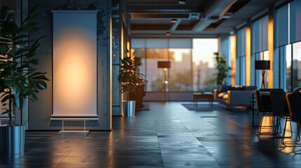 Fototapeta premium Professional rollup banner mockup displayed in well-lit modern office setting with clean architectural lines