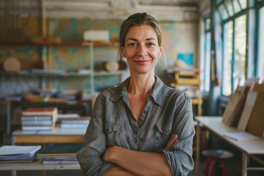 Professional portrait of an educator teaching in vibrant classroom environment with educational materials
