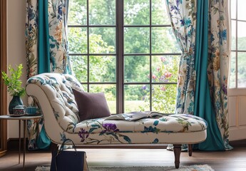 Elegant vintage chaise longue with floral upholstery in a bright room, complemented by colorful drapes and a stylish coffee table setup
