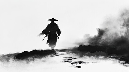Sumi-e Ink Painting of a Lone Samurai Walking in Fog