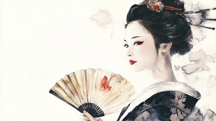 Sumi-e Painting of a Geisha Holding an Open Fan