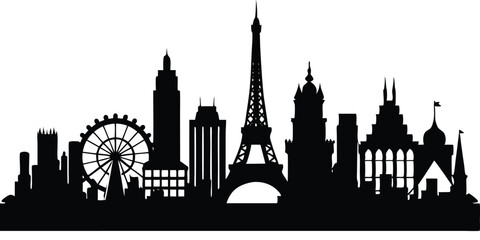 Fototapeta premium Panoramic View of Downtown Paris Skyline. Paris city black silhouette skyscrapers and buildings. Long cityscape