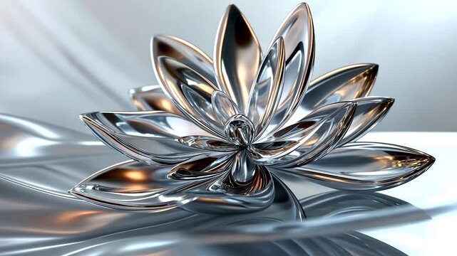 A shimmering metallic lotus flower rests gracefully on a reflective surface, creating a serene ambiance