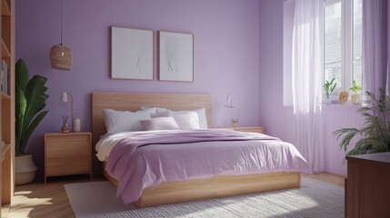 A Cozy Bedroom Showcasing Pastel Colors with Natural Wood Furniture