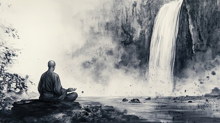Obraz premium Serene ink wash of a monk meditating beside a roaring river