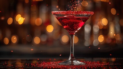 Red Martini Cocktail with Sugar Rim on Bar Counter in Adult Establishment