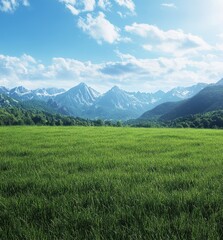 Fototapeta premium Expansive Green Meadow Surrounding Majestic Snow-Capped Mountains Under Clear Blue Sky and Fluffy White Clouds in Scenic Nature Landscape