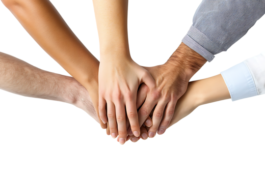 Isolated on transparent background, different hands united in support of the concept of unity and teamwork, high resolution PNG file
