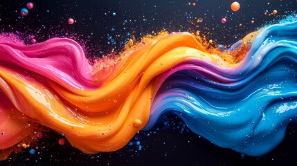 Colorful liquid with rainbow splashes floats against a black background
