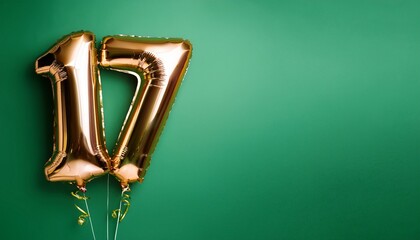 Banner with number 17 balloons on green background with copy space. Generated image