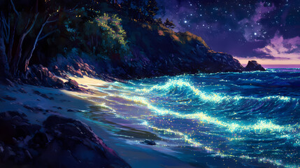Fototapeta premium Rolling bioluminescent tide illuminates the night, shine, glitter. Radiant Tides. Illustration