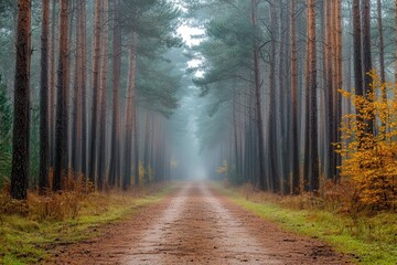 Fototapeta premium Tranquil Misty Path Through Lush Green Pine Forest Landscape