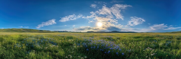 Fototapeta premium Expansive Panoramic Landscape with Lush Green Grass, Colorful Wildflowers, Blue Sky, and Bright Sunlight Over Rolling Hills in a Natural Setting