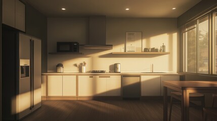 A modern kitchen interior illuminated by warm sunlight filtering inside