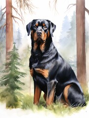 Rottweiler Dog Playing in a Park with Clean Lines Watercolor Painting on White Background