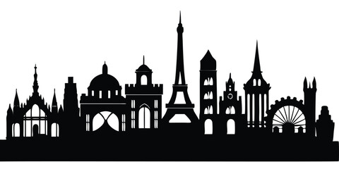 Paris skyline background. Paris famous landmark icon set. France, Paris travel black cityscape