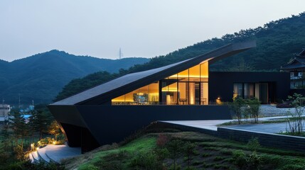 Fototapeta premium Modern Architecture Structure With Lit Windows And Mountain Background