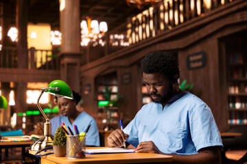African American male nurse in training reviews anatomy case files in a classic library. Med school student in scrubs studying from database books and research papers in the campus.