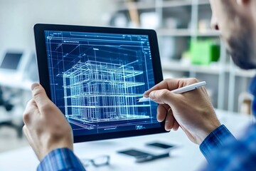Architect designing using cad software on tablet in office