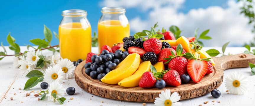 Vibrant fruit platter with berries and tropical fruits, garden brunch