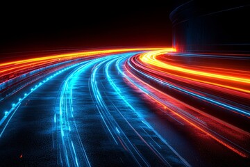 Futuristic night backdrop features blurred neon lights and race track lights in motion blur