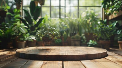 Rustic Wooden Podium with Focus on Cozy Plant Filled Sunroom Background Ideal for Artisan Crafts and Products