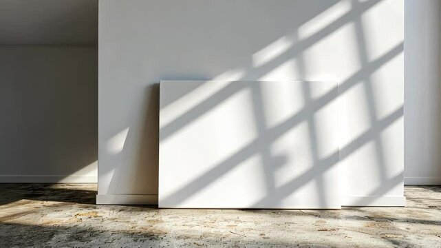 blank art canvas mockup on the laminate floor against the white wall,
