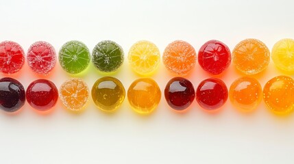 Colorful Assortment of Sweet Fruit-Flavored Candy Gummies Arranged in a Neat Line on a White Background, Showcasing Vibrant and Tasty Treats for All Ages