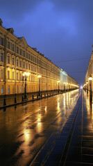 Obraz premium Night view of a city street, reflecting the warm lights in the wet pavement.