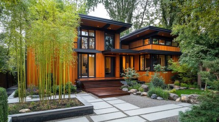 Naklejka premium Modern wood sided house with landscaped yard and pathway