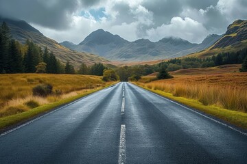Naklejka premium Scenic Road with Mountains and Cloudy Sky Over the Highway