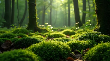 A tranquil and verdant atmosphere is formed by thriving moss with its delicate and intricate patterns in shaded understory of a forest, fern in the woods of jungle trees, peaceful ecosystem foliage