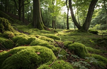 A tranquil and verdant atmosphere is formed by thriving moss with its delicate and intricate patterns in shaded understory of a forest, fern in the woods of jungle trees, AI peaceful natural ecosystem