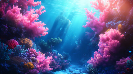Naklejka premium A vibrant underwater scene showcasing colorful coral formations and aquatic life under a radiant light, evoking tranquility and wonder. Radiant Tides. Illustration