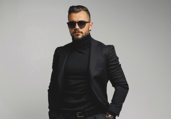 Obraz premium Serious body guard or secret agent wearing suit and sunglasses, isolated on grey background