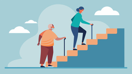 A oneonone coaching program to help seniors safely and confidently navigate stairs and uneven terrain.. Vector illustration