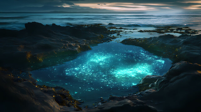 Bioluminescent tide pool featuring glowing algae and radiant sea creatures illuminated under detailed scientific observation. Radiant Tides. Illustration