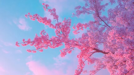 A blossoming cherry tree under a neon-lit fantasy sky blending blues, purples, and pinks