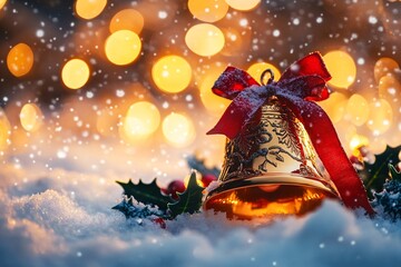 Golden Christmas bell with a red bow