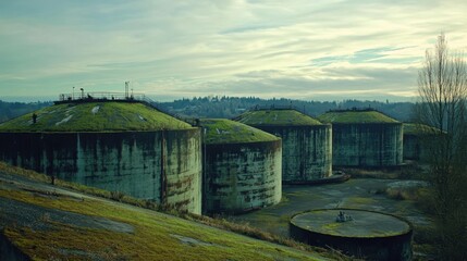 An abandoned gas storage site with aging tanks covered in moss.