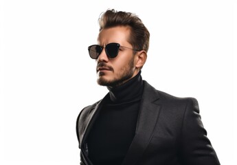 Serious body guard or secret agent wearing suit and sunglasses, isolated on grey background