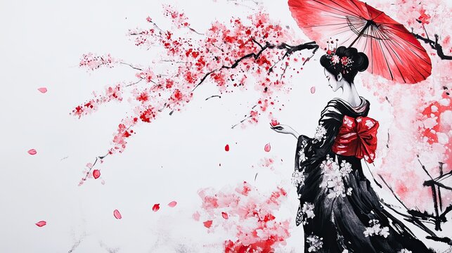 Sumi-e Painting of a Geisha Standing Beneath Cherry